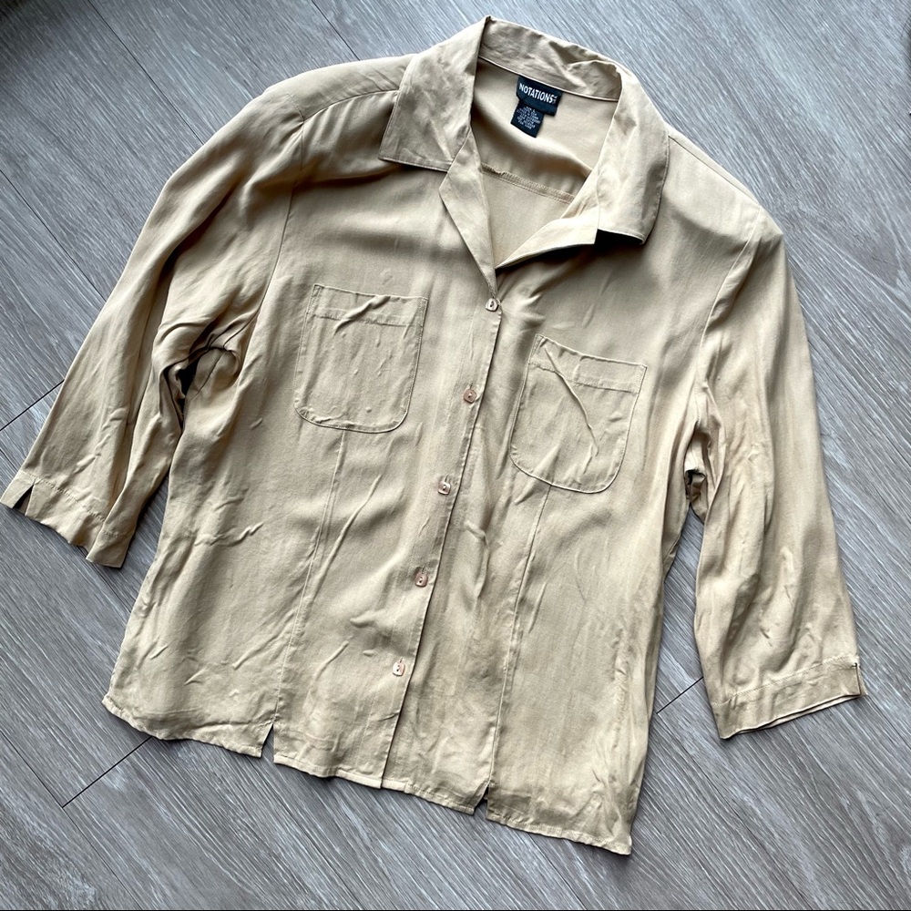 Silk Half Sleeve Khaki Button Up - L
